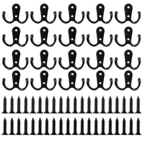 20 crochets robustes à double fourche avec 40 vis, crochets muraux multi-usages, crochets en métal vintage, adaptés pour suspendre manteaux, sacs, écharpes, serviettes, chapeaux, clés, tasses (noir).