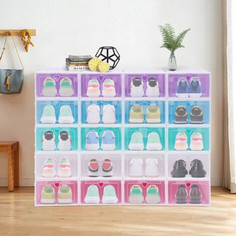 20 grandes boîtes à chaussures empilables avec couvercle, boîtes à chaussures à monter soi-même, boîtes à chaussures colorées (4 violettes + 4 blanches + 4 roses + 4 vertes + 4 bleues)