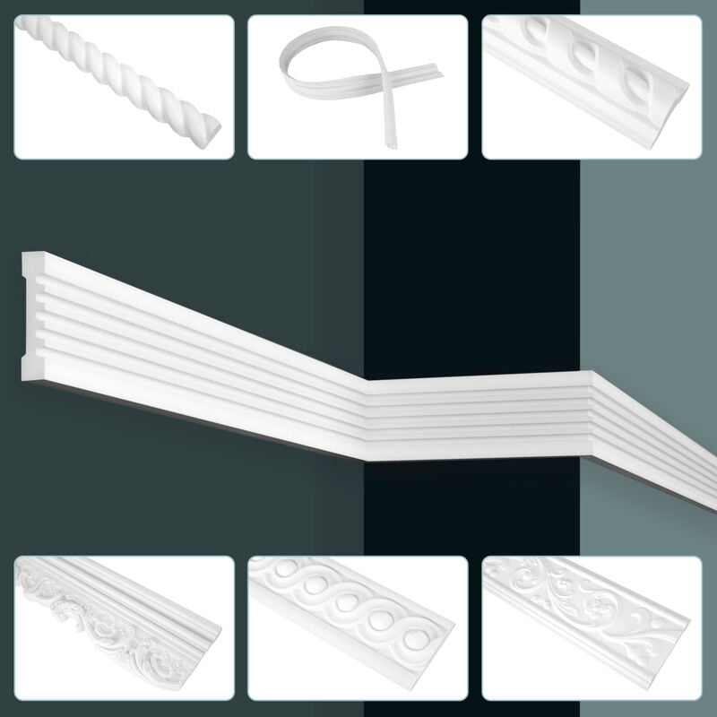 Grand Decor - moulures, pu mousse dure & flexible 2m blanc moderne & baroque: 10 Mètres / 5 Bandes, CR700 - 17x8mm
