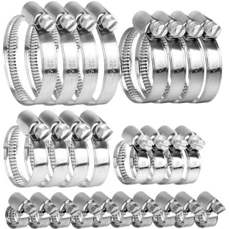 20 Pcs Collier de Serrage Inox 304, Set, Métallique, Tuyaux Durite Réglable en Acier pour Piscine Robinet d'eau, 8-12/10-16/16-25/25-40/32-50mm -