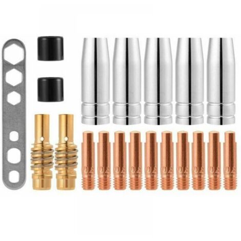 20 Pcs Embouts de Contact de Buse de Soudage 15AK MIG/MAG Ensemble de Support de Connecteur de Gaz M6 0,8x25mm (10 x Contact, 5 x Buse, 2 x Connecteur, 2 x Isolant, 1 x Outil)