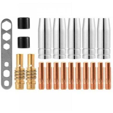 20 Pcs Embouts de Contact de Buse de Soudage 15AK MIG/MAG Ensemble de Support de Connecteur de Gaz M6 0,8x25mm (10 x Contact, 5 x Buse, 2 x Connecteur, 2 x Isolant, 1 x Outil)