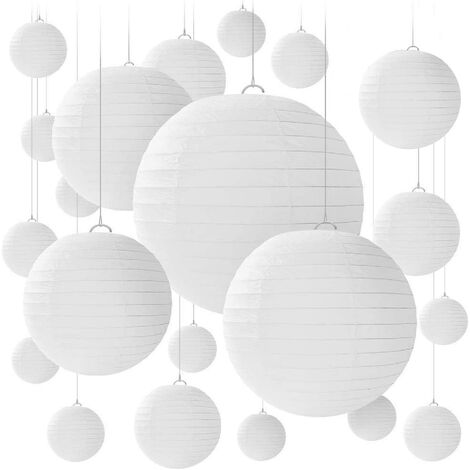 20 Pcs Lanternes Blanches Rondes En Papier Avec Des Nervures De Fil, Abat-jour De Différentes Tailles Pour Mariages, Anniversaires, Fêtes, Tailles Assorties 15, 20, 25,30 Cm (blanc-2