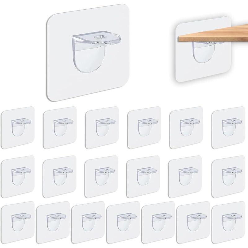 20 PCS Supports d'étagères Autocollants, Transparent 7 x 7 cm, Supports Adhésifs Sans Perçage pour Étagères, Placards et Penderies, Charge 10 kg,