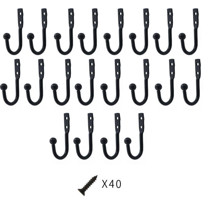 20 petits crochets noirs pour vêtements, 1x2 pouces, robustes, pour suspendre vêtements, chapeaux, sacs, foulards, clés, avec vis.