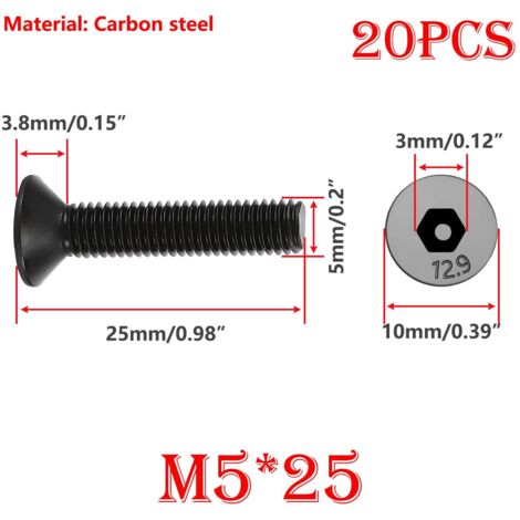20 pezzi M5x25mm Viti a testa svasata Viti a testa piatta con esagono incassato Viti a testa cilindrica con esagono incassato in acciaio al carbonio Filettatura completa