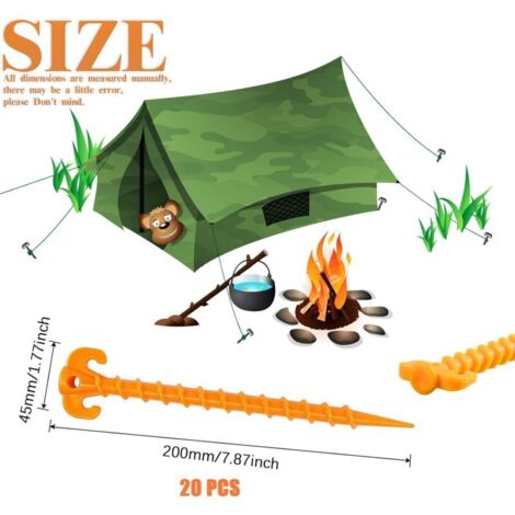 20 picchetti in plastica per tenda, picchetti in plastica da 20 cm con gancio, chiodi di fissaggio per terreni duri per tende da campeggio, teloni antipioggia, giardino (giallo)