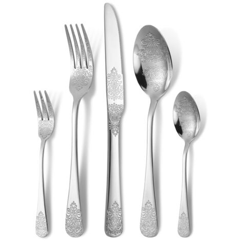 20-piece floral pattern stainless steel cutlery set, including forks, spoons, and knives. Vintage style, mirror polished finish, kitchen-friendly, dishwasher safe, serves 4 - silver.