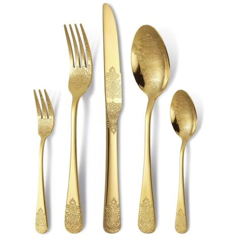 20-piece floral pattern stainless steel cutlery set, including forks, spoons, and knives. Vintage style, mirror polished, kitchen-friendly, dishwasher safe, serves 4 - gold.
