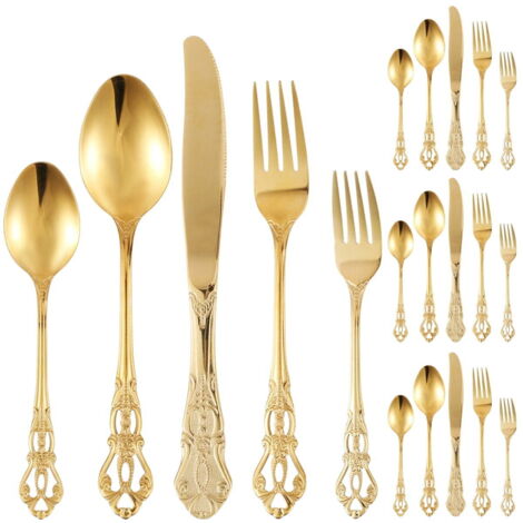 20-piece gold and silver cutlery set, vintage royal style stainless steel cutlery set, for 4 people, luxurious gold cutlery set includes forks, spoons and knives, mirror polished, dishwasher safe.