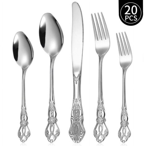 20-piece silver cutlery set, vintage royal style stainless steel cutlery set, for 4 people, luxurious silver cutlery set includes forks, spoons and knives, mirror polished, dishwasher safe.