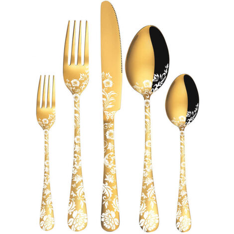 20-piece stainless steel cutlery set, serving 4, gold mirror polished knife, fork and spoon set, patterned fork and spoon, dishwasher safe.
