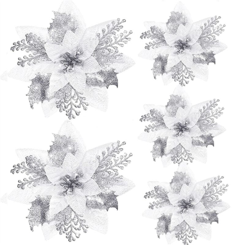 20 PièCes 14,5 cm Paillettes Fleurs de NoëL Artificielles DéCoration D'Arbre de NoëL Ornements de Bonne AnnéE NoëL, d - Argent-A4