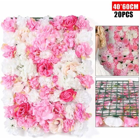 20 Pièces 60 x 40cm Panneau Floral Mural, Papier Peint Mur de Fleurs Artificielles Roses pour Mariages Fêtes Célébrations Décoration, Rose + Blanc