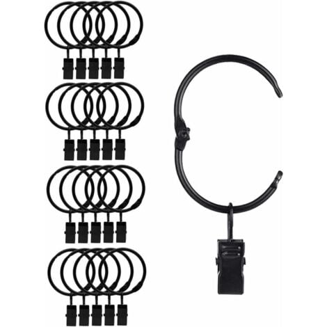 20 Pièces Anneaux à Pince à Rideau en métal Ouvrants, Ouverture et Fermeture faciles, diamètre intérieur 38 mm, pour Rideaux Lourds et Rideaux légers (Noir)