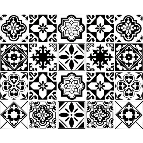 20 Pièces Autocollants Carrelage 15x15cm Classique Noir et Blanc Carrelage Marocain Adhésif Mural Cuisine Salle De Bains Carreaux De Ciment Décoration Murale