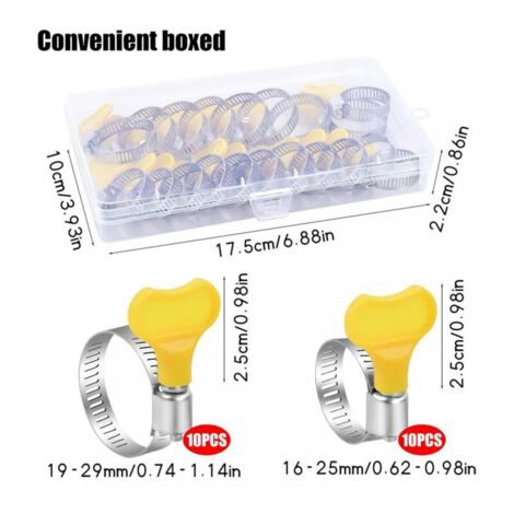 20 pièces colliers de serrage réglables 16-25/19-29mm colliers de serrage en acier inoxydable avec poignée rotative boîte jaune pour machines à laver piscines voitures conduites de gaz