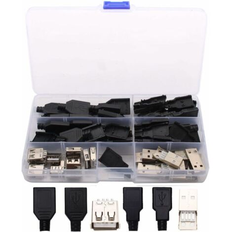 20 Pièces Connecteurs USB Type A Mâle 2.0 à Souder 4 Broches Couvercle Plastique Noir Argent