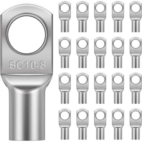 20 Pièces Cosses Tubulaires 10mm² M8, Cosses Annulaires, Cosse à Sertir a Oeil à Anneau, Cosse Electrique Plate, Œillet en Cuivre Étamé pour Voiture