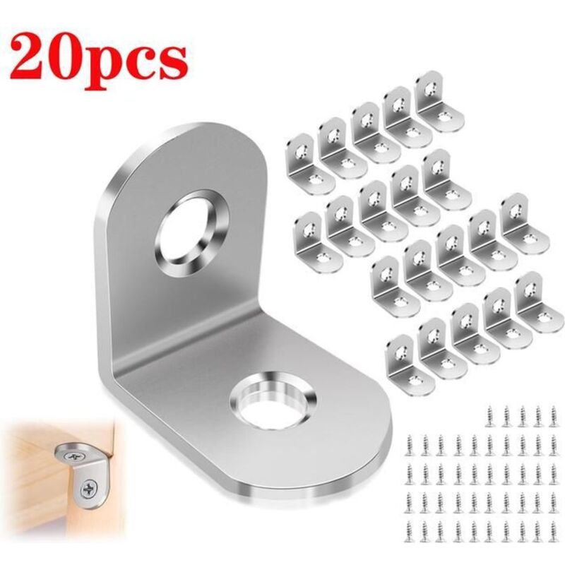 20 pièces Équerre de Fixation Metal 20x20mm Équerre D'assemblage Inox Avec 40pièces Vis pour la Fixation et la Réparation de