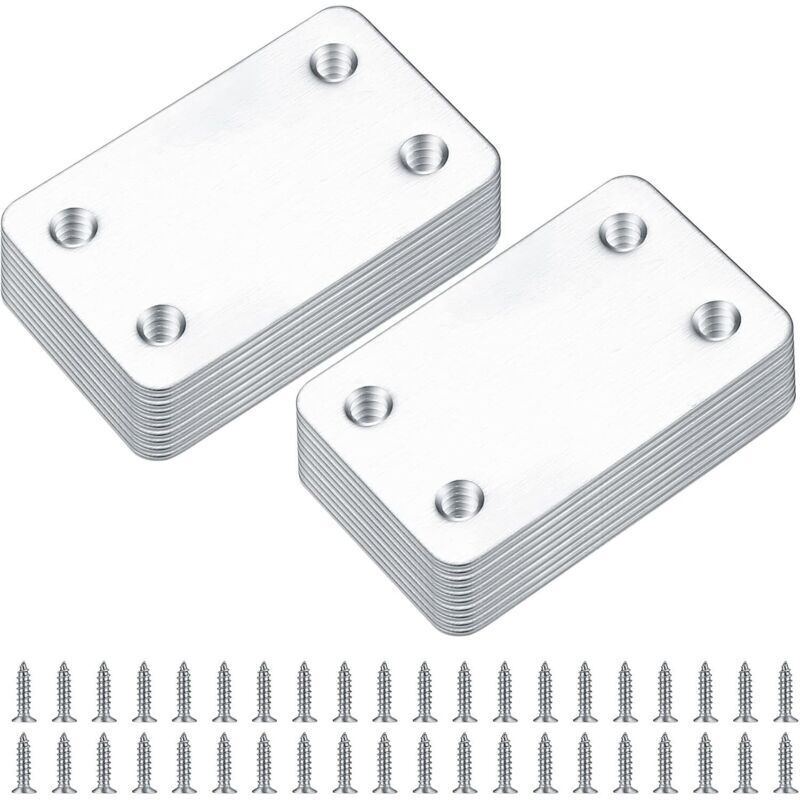 20 Pieces Perforated Flat Assembly Plates, Straight Fixing Flat Plates, Angle Bracket Connectors, Connector Connecting Plates - 38x60 mm (Silver)