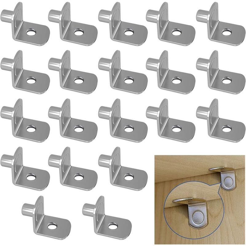 Roleader - 20 Pièces Support pour Étagère Métal de 5 mm pour Armoire de Cuisine l Forme Support Équerre Cheville Etagere en Fer Nickelé Étagère