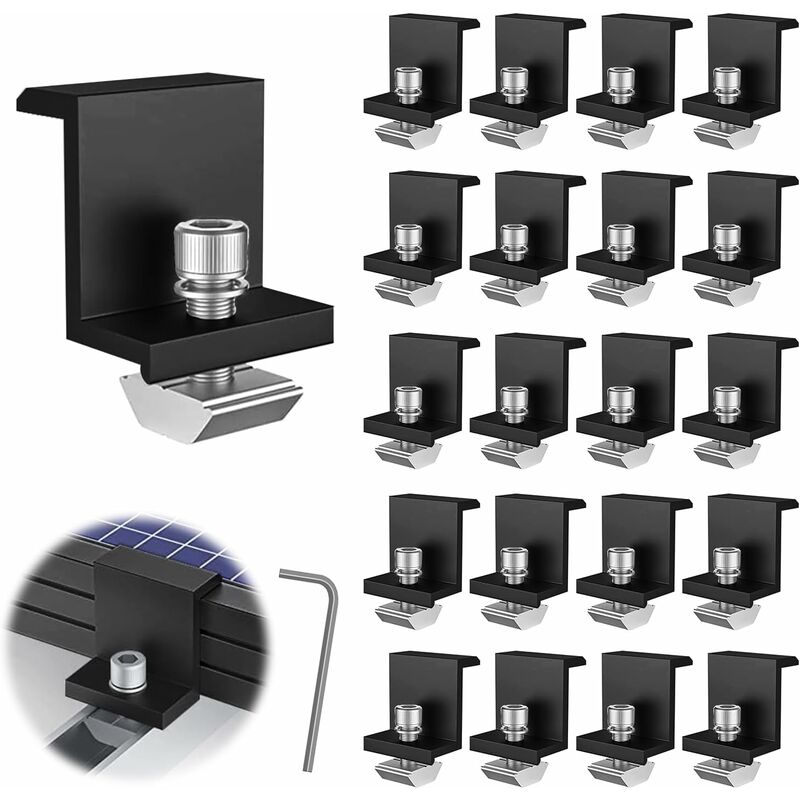 Dolaso - 20 Pièces Supports de Panneau Solaire, 30 mm Fixation Panneau Solaire, Kit Panneau Solaire, pour Rail de Montage Photovoltaïque, avec Clé
