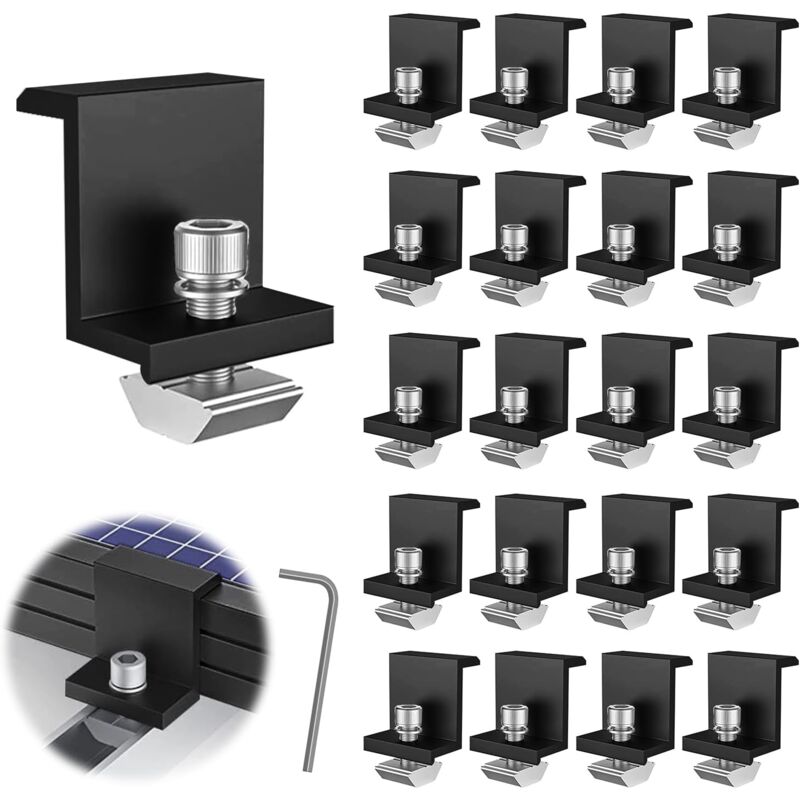20 Pièces Supports de Panneau Solaire, 30 mm Fixation Panneau Solaire, Kit Panneau Solaire, pour Rail de Montage Photovoltaïque, avec Clé Hexagonale,