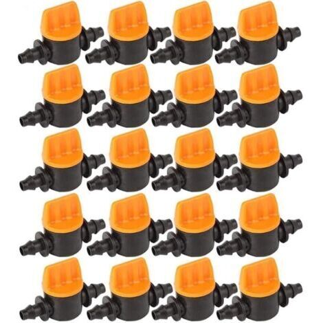 20 Pièces Vanne de tubes d'irrigation, soupape d'irrigation goutte à goutte 1/4 de pouce barbelé vanne d'arrêt de tube d'irrigation