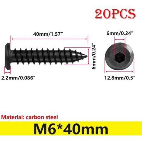 20 Pièces Vis Autotaraudeuses à Tête Plate M6x40mm Vis à Bois à Six Pans Creux, pour Plastique Bois Métal, Noir