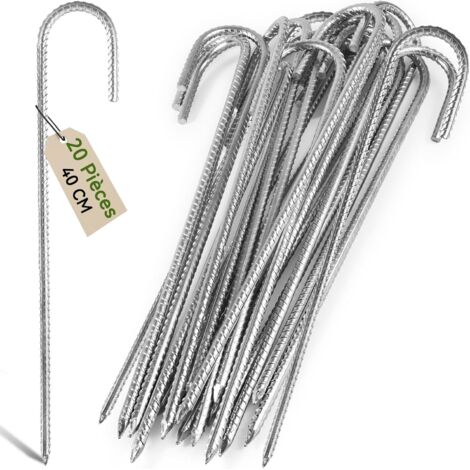20 Piquets d'ancrage, Acier galvanisé 40cm, Crochet en J, Pour tente, Trampoline, Jardin