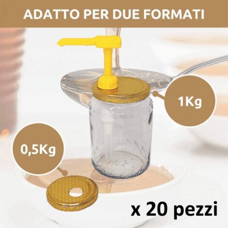 20 PZ ApiCor Kit Dispenser Dosatore Per Miele 2 Capsule Adattabili Per Vaso Miele 1 Kg. E 1/2 Kg. Tappi Alveare