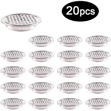 20 rejillas de ventilación redondas de acero inoxidable de 53 mm, redondas y plateadas, con orificio de ventilación, para armarios, zapateros y estanterías.