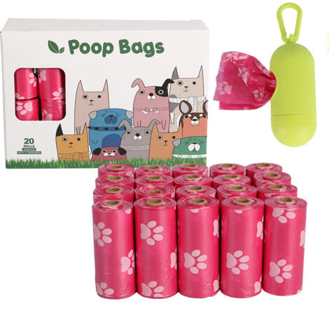 20 rollos de bolsas biodegradables para excrementos de perro Dog Paws epi, color rosa, con dispensador, impermeables, para recoger excrementos, gruesas y duraderas.