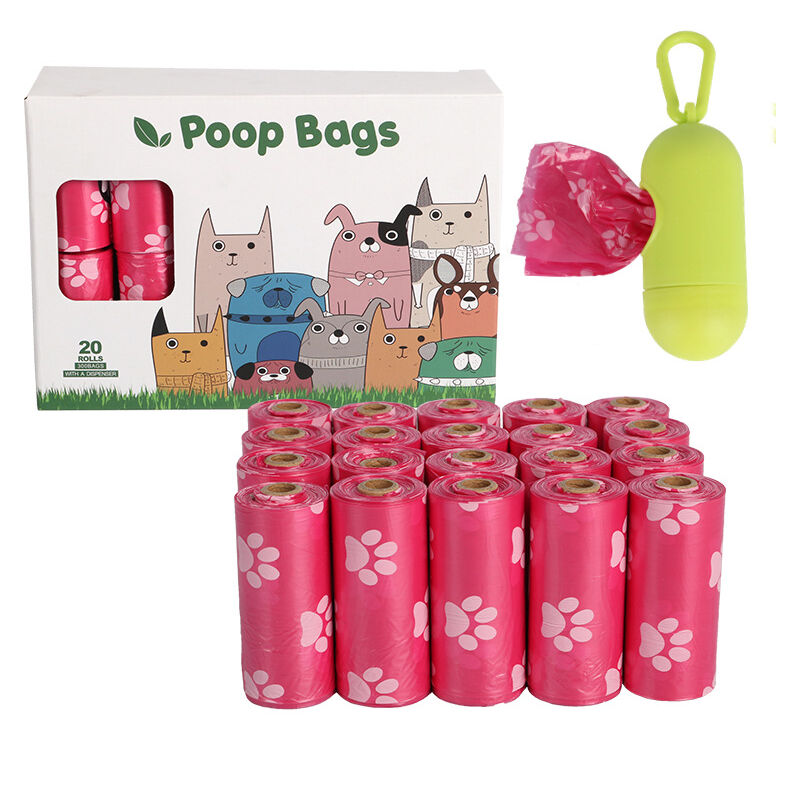 Linghhang - 20 rouleaux de sacs à déjections biodégradables Dog Paws epi - rose - avec distributeur, sacs à déjections imperméables pour chiens, sacs