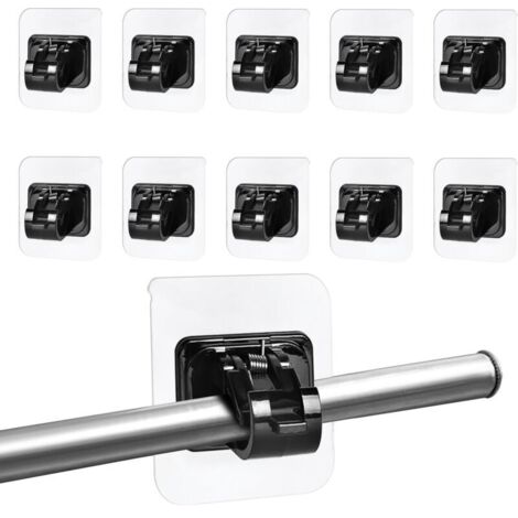 20 soportes negros para barra de cortina, sin perforaciones, transparentes, autoadhesivos, ganchos autoadhesivos para cocina y baño.