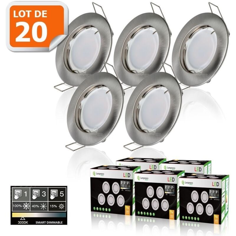 20 Spots led 3-step dimmable sans variateur 7w eq.56w blanc chaud finition alu brossé