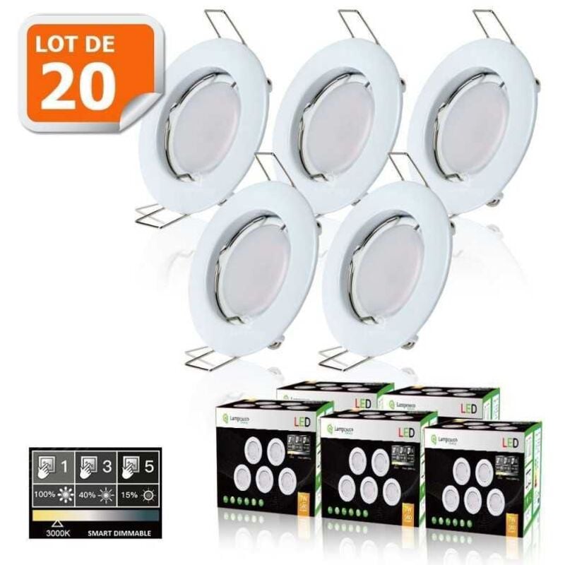 20 Spots led 3-step dimmable sans variateur 7w eq.56w blanc chaud finition blanc