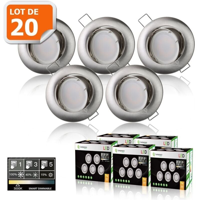 20 Spots led 3-step dimmable sans variateur 7w eq.56w blanc chaud orientable finition alu brossé