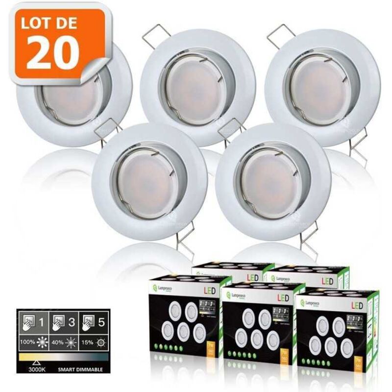 Lampesecoenergie - 20 Spots led 3-step dimmable sans variateur 7w eq.56w blanc chaud orientable finition blanc