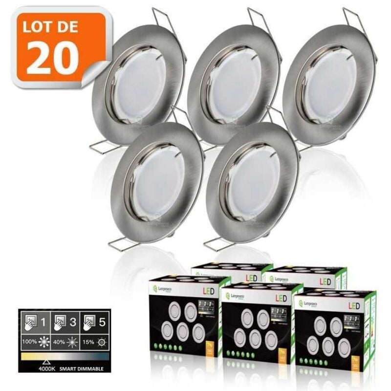 20 Spots led 3-step dimmable sans variateur 7w eq.56w blanc neutre finition alu brossé