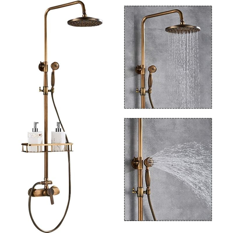 Senderpick - Système de douche en laiton vieilli - Rétro doré - Colonne de douche - Pommeau de douche avec étagère de rangement - Hauteur réglable 75