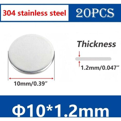 20 Stück runde Unterlegscheiben, runde Platte aus Edelstahl 304, runde Platte aus Metall, Durchmesser 10 mm, Dicke 1,2 mm