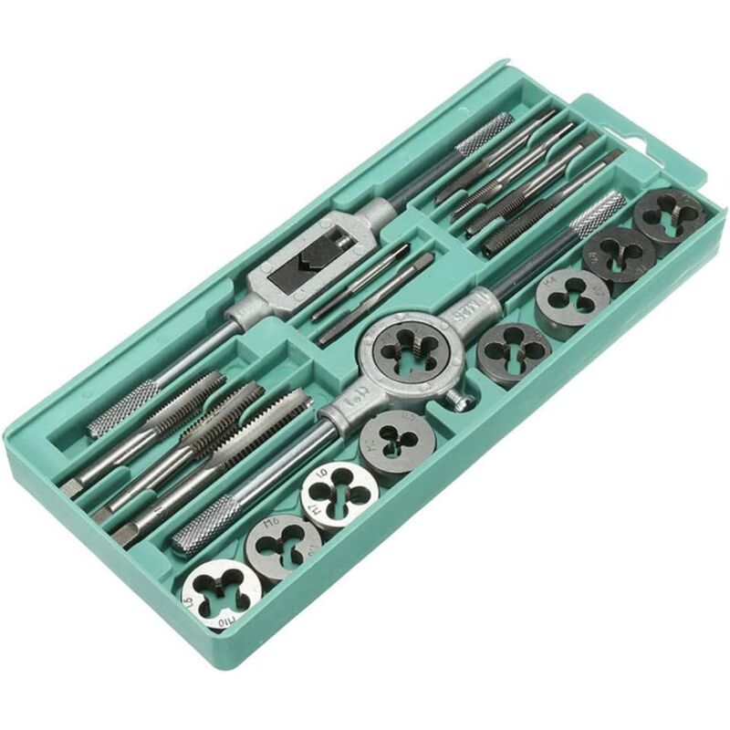 Image of 20-teiliges Gewindebohrer- und Schneideisen-Set aus Edelstahl und Wolframstahl, Metallbox