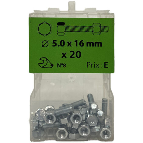 20 vis 5x16mm tête hexa + écrou  zingué Viswood