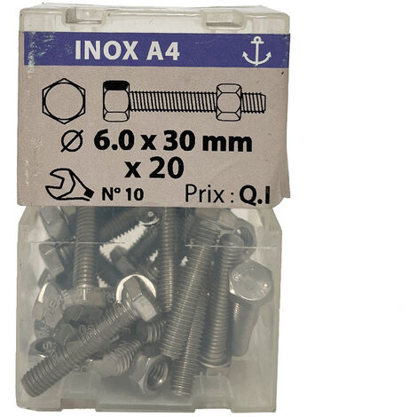 20 vis 6 x 30mm tête hexagonale + écrou inox A4 - Vissal