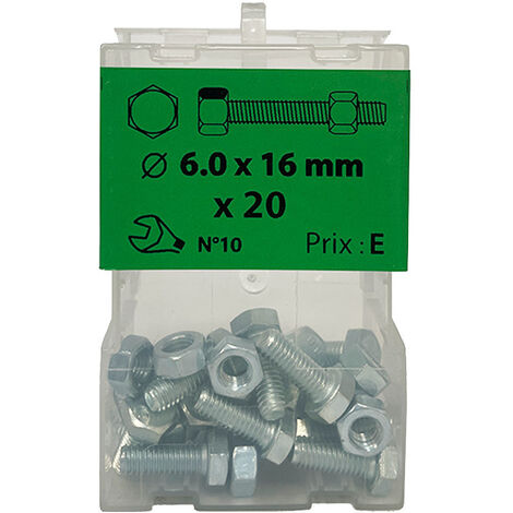 20 vis 6x16mm tête hexa + écrou  zingué Viswood