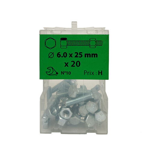 20 vis 6x25mm tête hexa + écrou  zingué Viswood