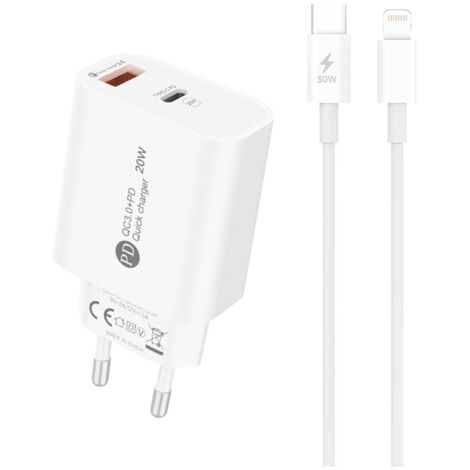 20 W USB-A USB-C Wandladegerät mit 1 m USB-C Kabel – iPhone Lightning – Weiß