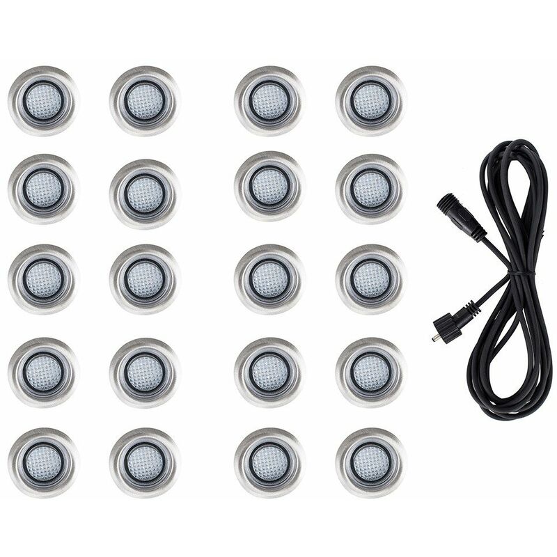 Minisun - 20 x LED Round IP67 Garden Decking / Lights Kit - 3M Extension Cable - White